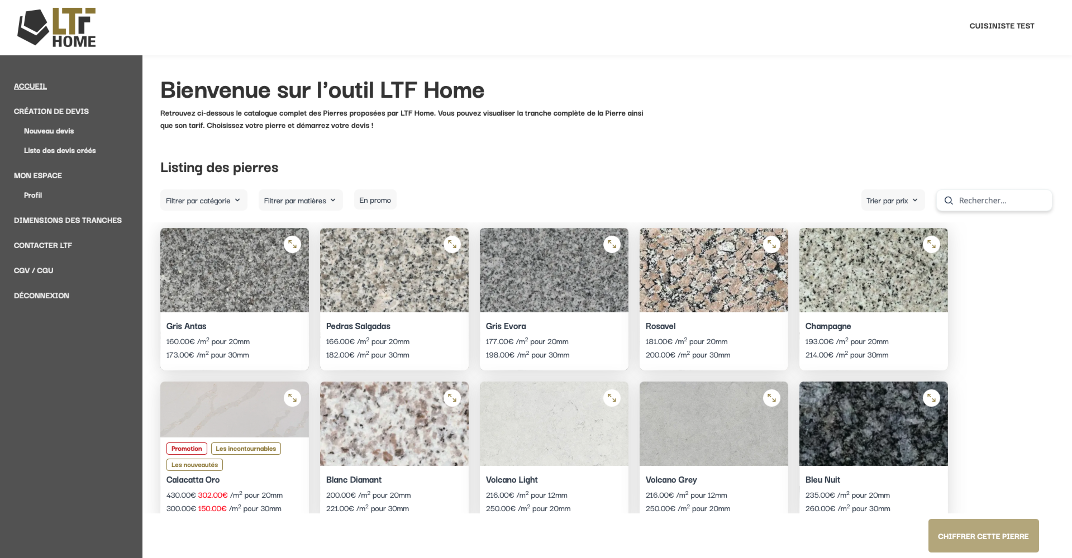 Image de la page listant les pierres disponibles sur le site.